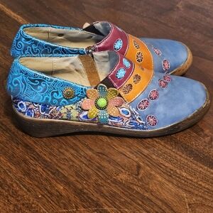 Socofy Retro Floral Slip On Splicing Fancy Patterns Zipper Leather Flat Shoe